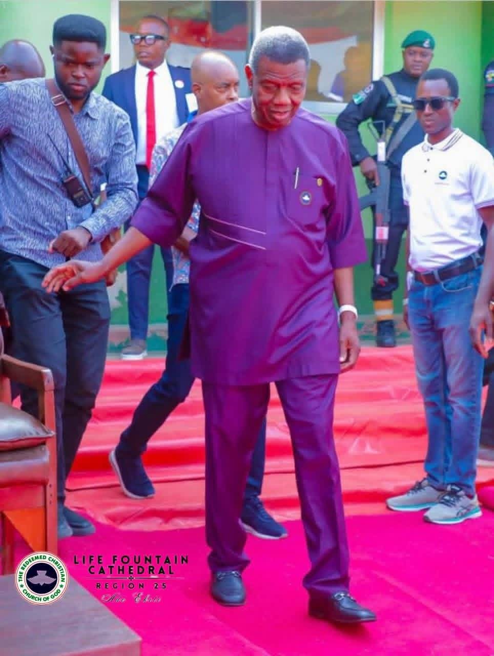 Pastor E. A. Adeboye arriving at Life Fountain Cathedral during the Ilogbo Ekiti visit